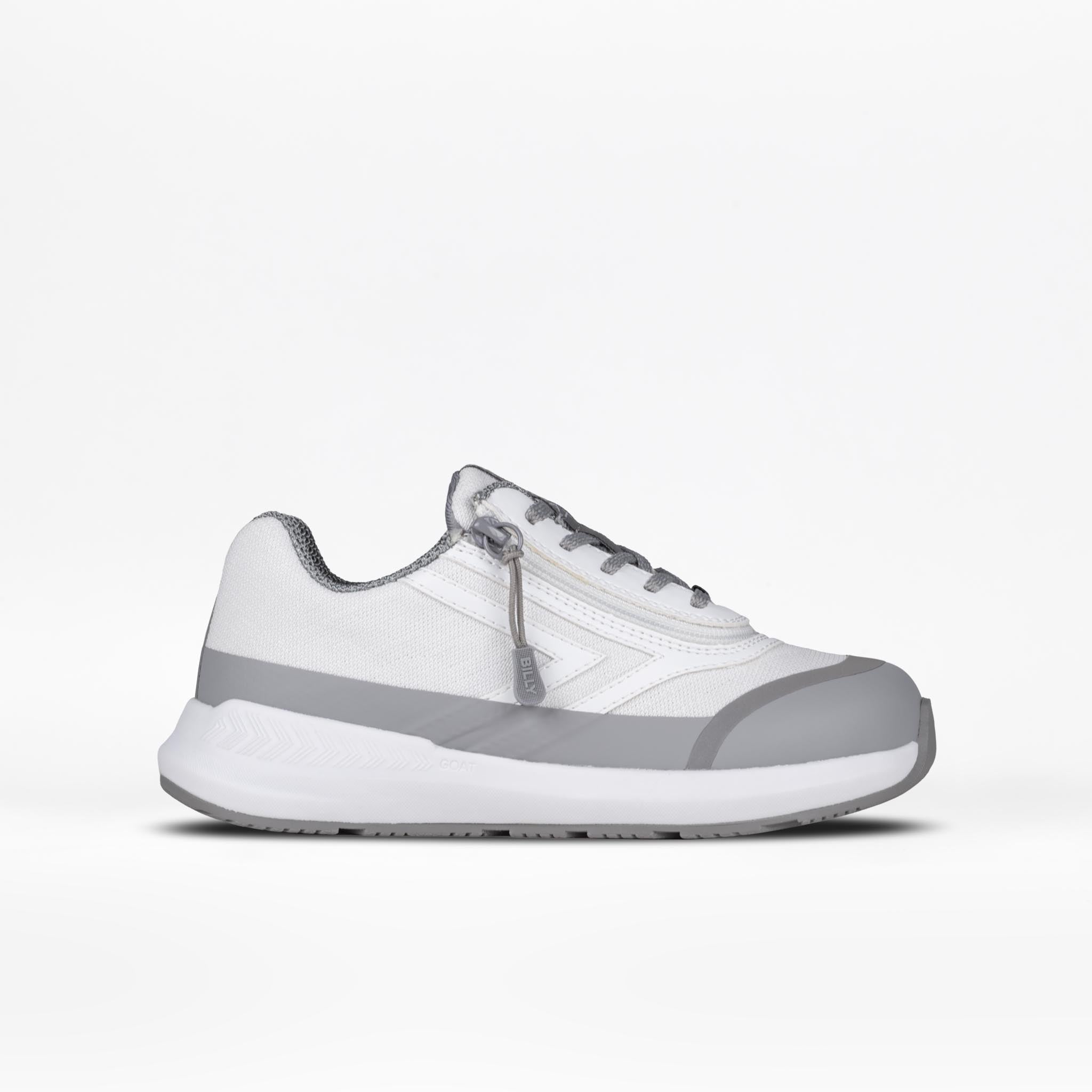 The SALE - White BILLY Goat by BILLY Footwear is a white and gray low-profile athletic shoe featuring a lace-up closure, easy on-and-off zipper, and textured sole, shown on a plain white background.