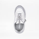 Top view of the SALE - White BILLY Goat sneaker by BILLY Footwear in white and gray, featuring laces and a convenient zipper for easy access. This AFO-friendly shoe provides comfort and support for orthotic needs.