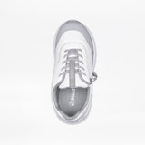 Top view of the SALE - White BILLY Goat sneaker by BILLY Footwear in white and gray, featuring laces and a convenient zipper for easy access. This AFO-friendly shoe provides comfort and support for orthotic needs.