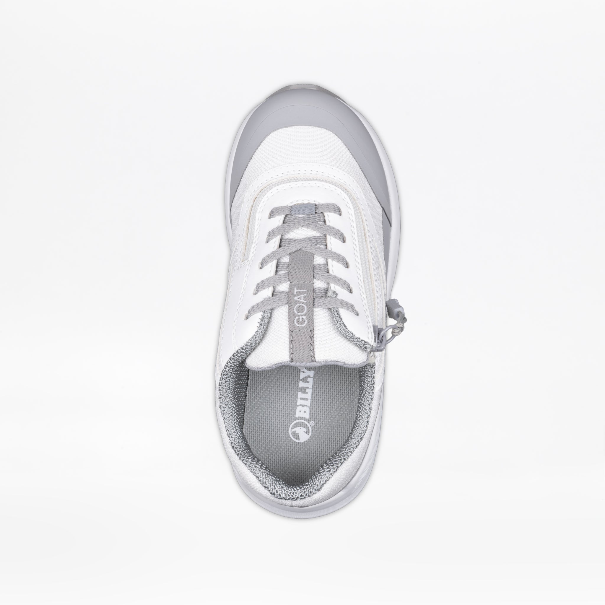 Top view of the SALE - White BILLY Goat sneaker by BILLY Footwear in white and gray, featuring laces and a convenient zipper for easy access. This AFO-friendly shoe provides comfort and support for orthotic needs.