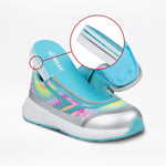 The BILLY Footwear Rainbow Tie Dye BILLY Goat is a vibrant sneaker with blue, silver, and rainbow details plus a close-up of the hook-and-loop heel strap—perfect for kids needing adaptive, AFO-friendly shoes.