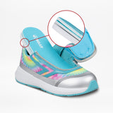 The BILLY Footwear Rainbow Tie Dye BILLY Goat is a vibrant sneaker with blue, silver, and rainbow details plus a close-up of the hook-and-loop heel strap—perfect for kids needing adaptive, AFO-friendly shoes.