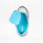 Top view of the Rainbow Tie Dye BILLY Goat sneaker by BILLY Footwear, featuring a turquoise insole labeled BILLY and an adaptive turquoise flap with an AFO-friendly zipper design.