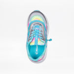 Top view of the Rainbow Tie Dye BILLY Goat by BILLY Footwear, a colorful sneaker with blue, yellow, pink, and white tie-dye, silver accents, blue laces, and "GOAT" and "BILLY" on the tongue—an AFO-friendly adaptive shoe for kids.