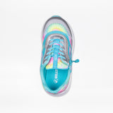 Top view of the Rainbow Tie Dye BILLY Goat by BILLY Footwear, a colorful sneaker with blue, yellow, pink, and white tie-dye, silver accents, blue laces, and "GOAT" and "BILLY" on the tongue—an AFO-friendly adaptive shoe for kids.