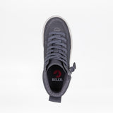Top view of the Charcoal/White BILLY Classic Lace High by BILLY Footwear, a gray lace-up sneaker with a wraparound zipper and the white and red BILLY logo on the black insole, seen on a plain white background.