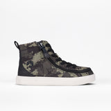 The Camo/White BILLY Classic Lace High by BILLY Footwear features a green and black camo pattern, black laces, an easy-access wraparound zipper, and a white rubber sole, shown on a plain white background.