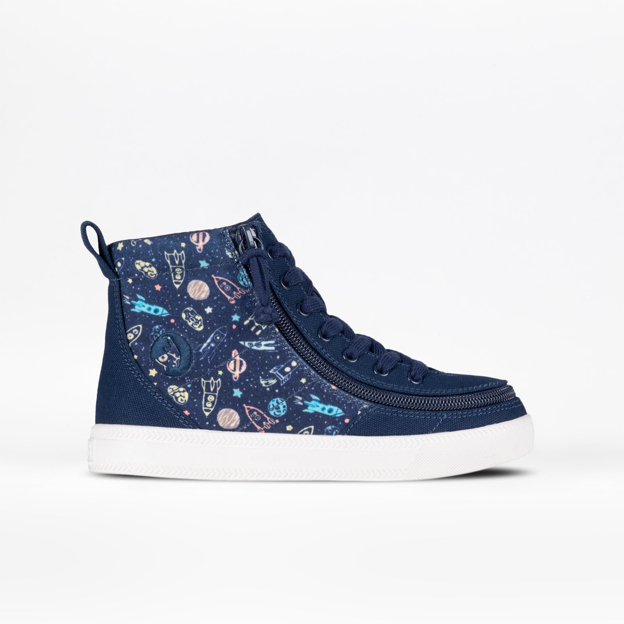 side view of Navy Space BILLY Classic Lace High Tops