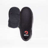 The SALE - Black to the Floor Leather BILLY Classic D|R II Low by BILLY Footwear is shown from above, unzipped to reveal the insole with the red logo. This AFO-friendly shoe has a wide toe box and removable insoles, displayed on a white background.
