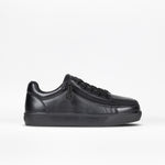 The BILLY Footwear SALE - Black to the Floor Leather BILLY Classic D|R II Low is a black low-top sneaker with a textured leather finish, black laces, side zipper, and removable insoles. Displayed on a plain white background.