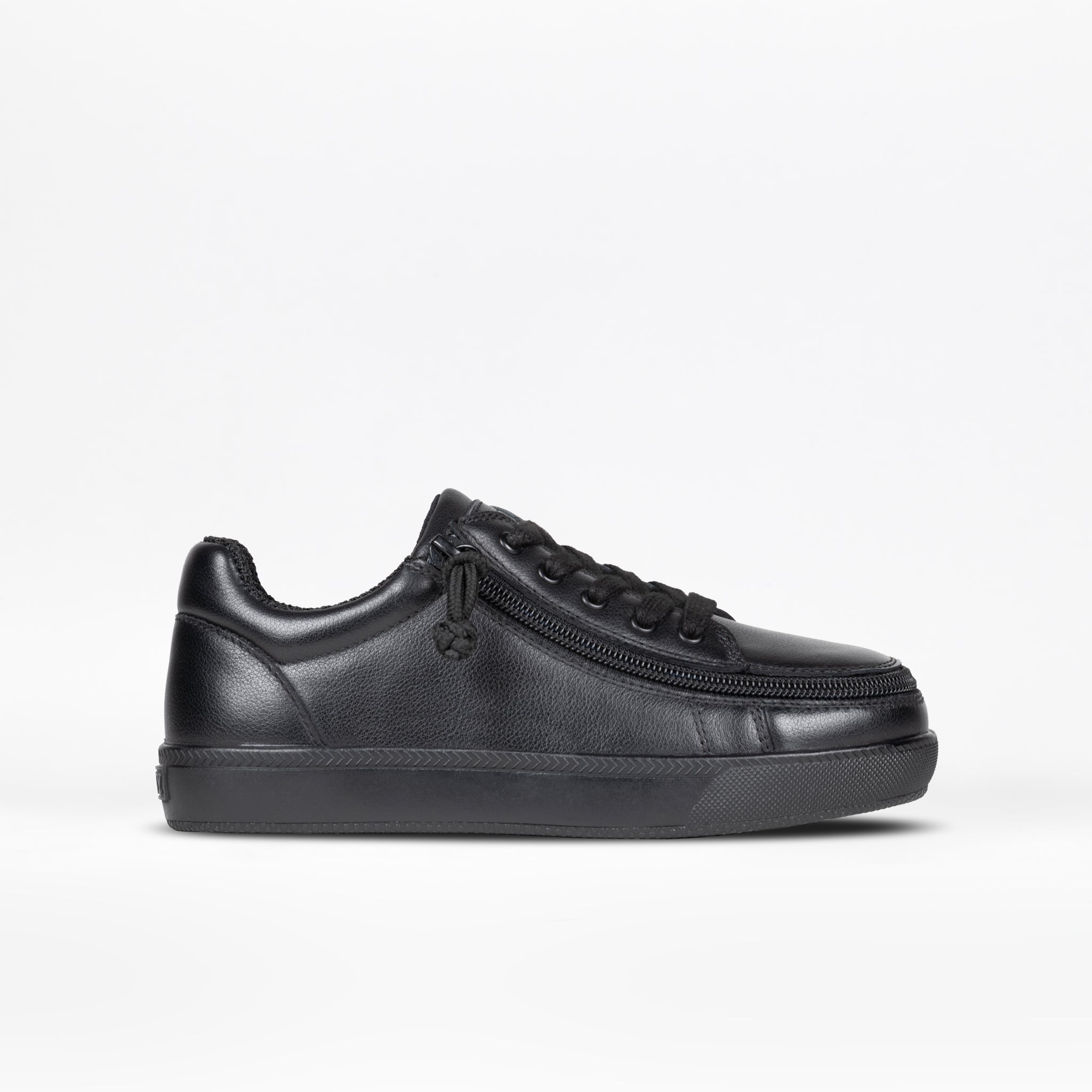 The BILLY Footwear SALE - Black to the Floor Leather BILLY Classic D|R II Low is a black low-top sneaker with a textured leather finish, black laces, side zipper, and removable insoles. Displayed on a plain white background.