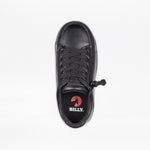 The SALE - Black to the Floor Leather BILLY Classic D|R II Low from BILLY Footwear is a black leather sneaker with black laces, a side zipper with pull tab, wide toe box, and a black insole featuring the red and white BILLY logo. Set on a plain white background.