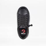 The SALE - Black to the Floor Leather BILLY Classic D|R II Low from BILLY Footwear is a black leather sneaker with black laces, a side zipper with pull tab, wide toe box, and a black insole featuring the red and white BILLY logo. Set on a plain white background.