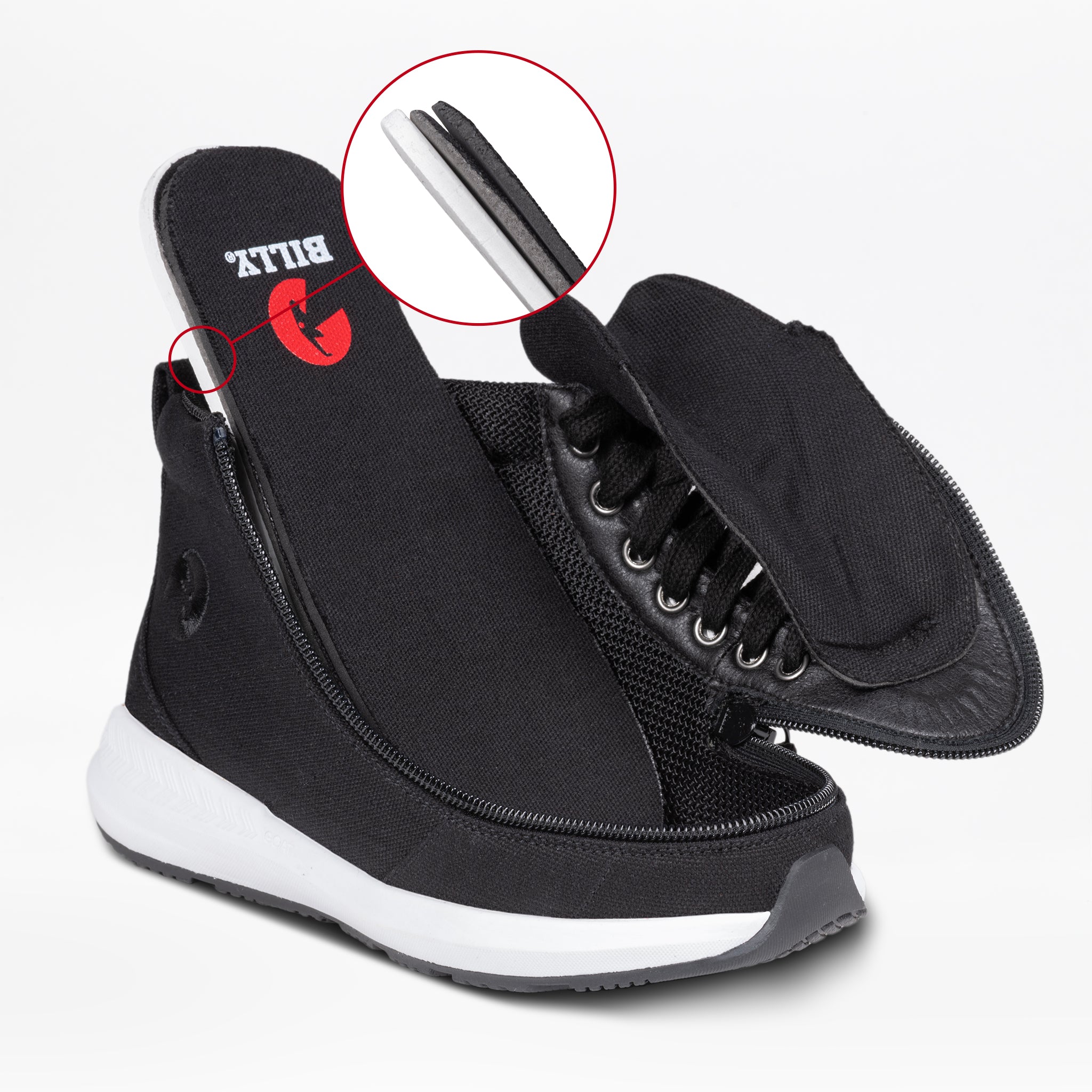 The Black BILLY Goat Classic High by BILLY Footwear is an AFO-friendly kids’ shoe with a zippered side for easy access. A circular inset shows its removable, layered insole, ideal for wide feet or orthotic support.