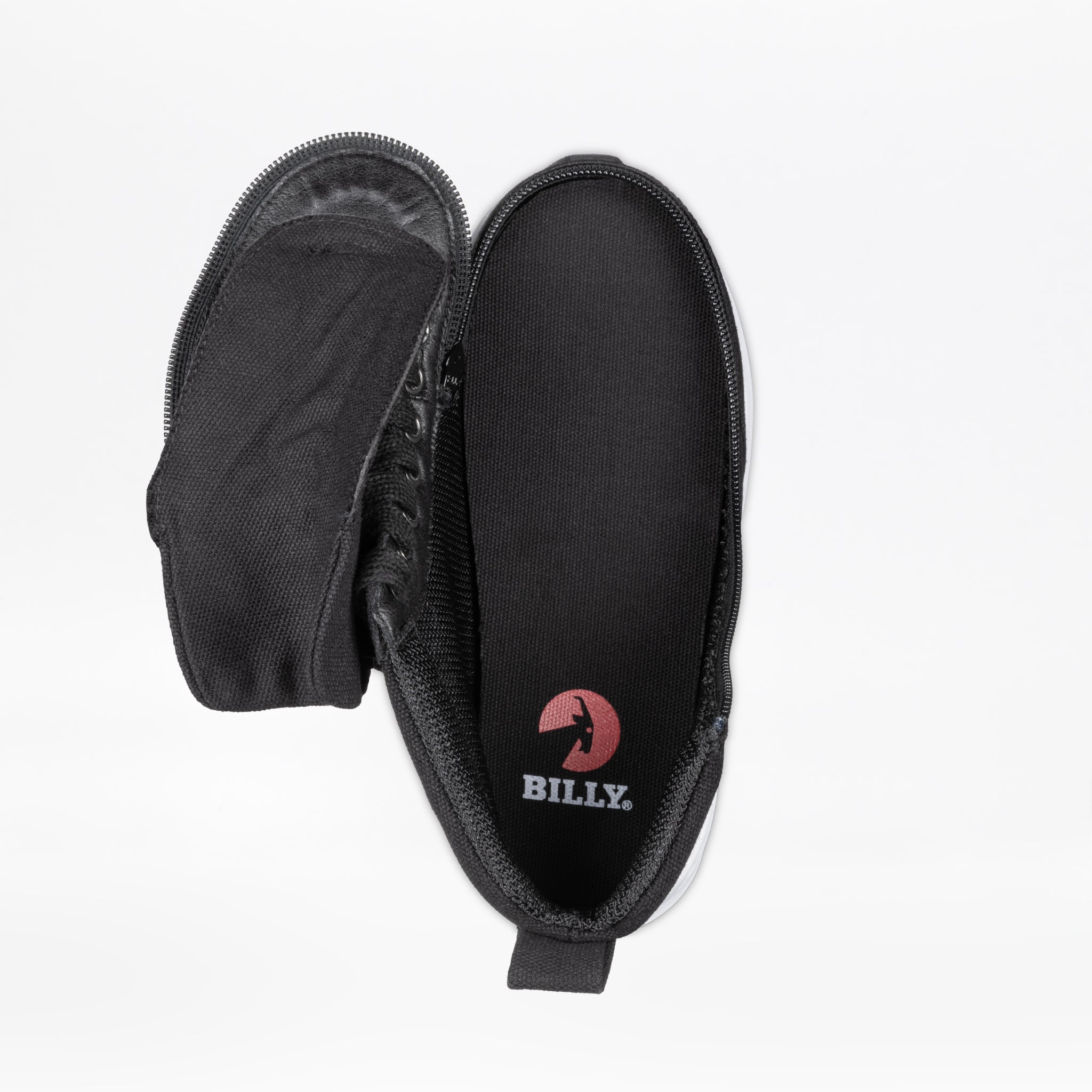 The Black BILLY Goat Classic High, an AFO-friendly shoe by BILLY Footwear, is shown from above with its side zipper fully open to reveal the interior and the visible BILLY Footwear logo on the insole.
