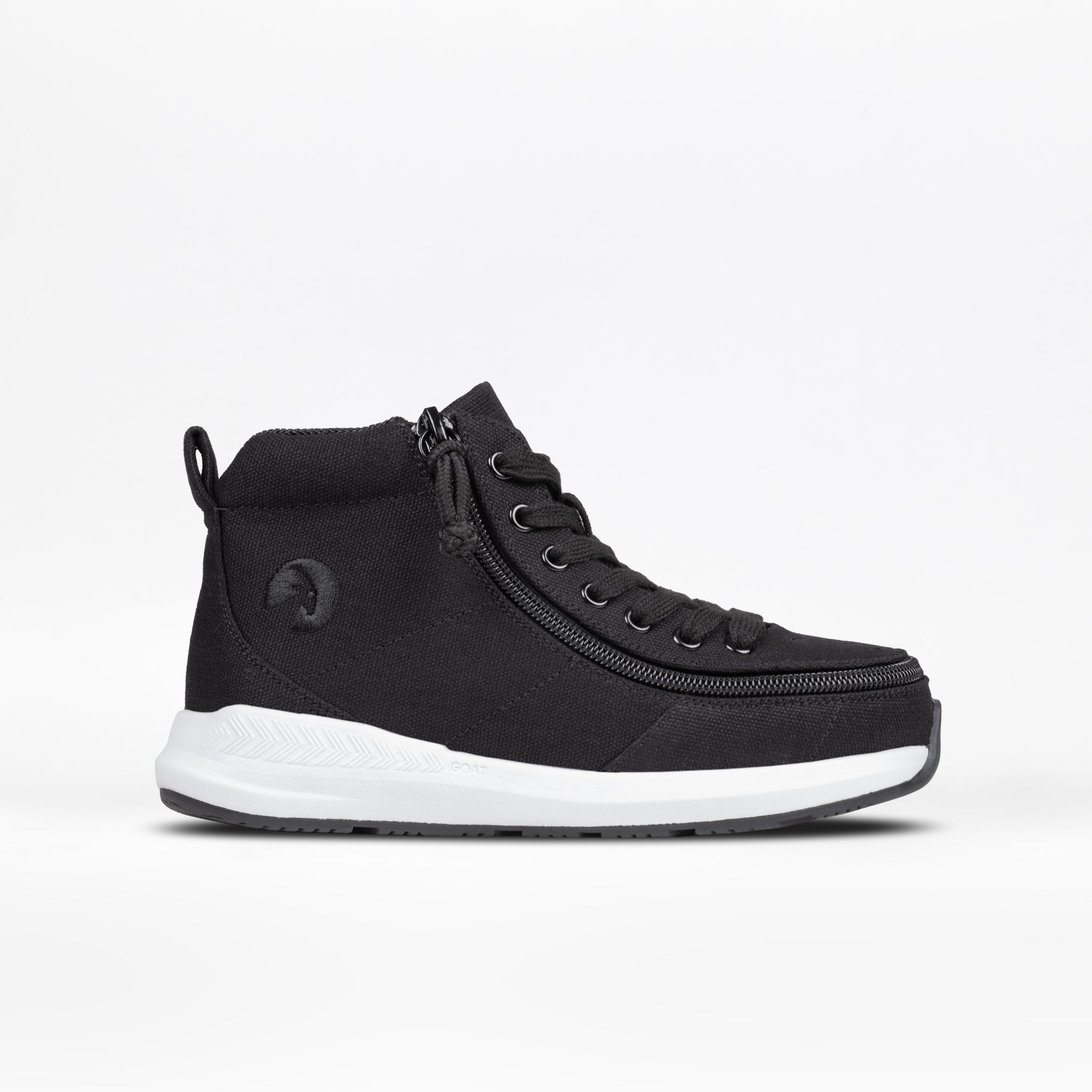 The Black BILLY Goat Classic High by BILLY Footwear is a black high-top sneaker with a white sole, laces, and side zipper. Displayed on a white background, it's AFO-friendly for added comfort and support.