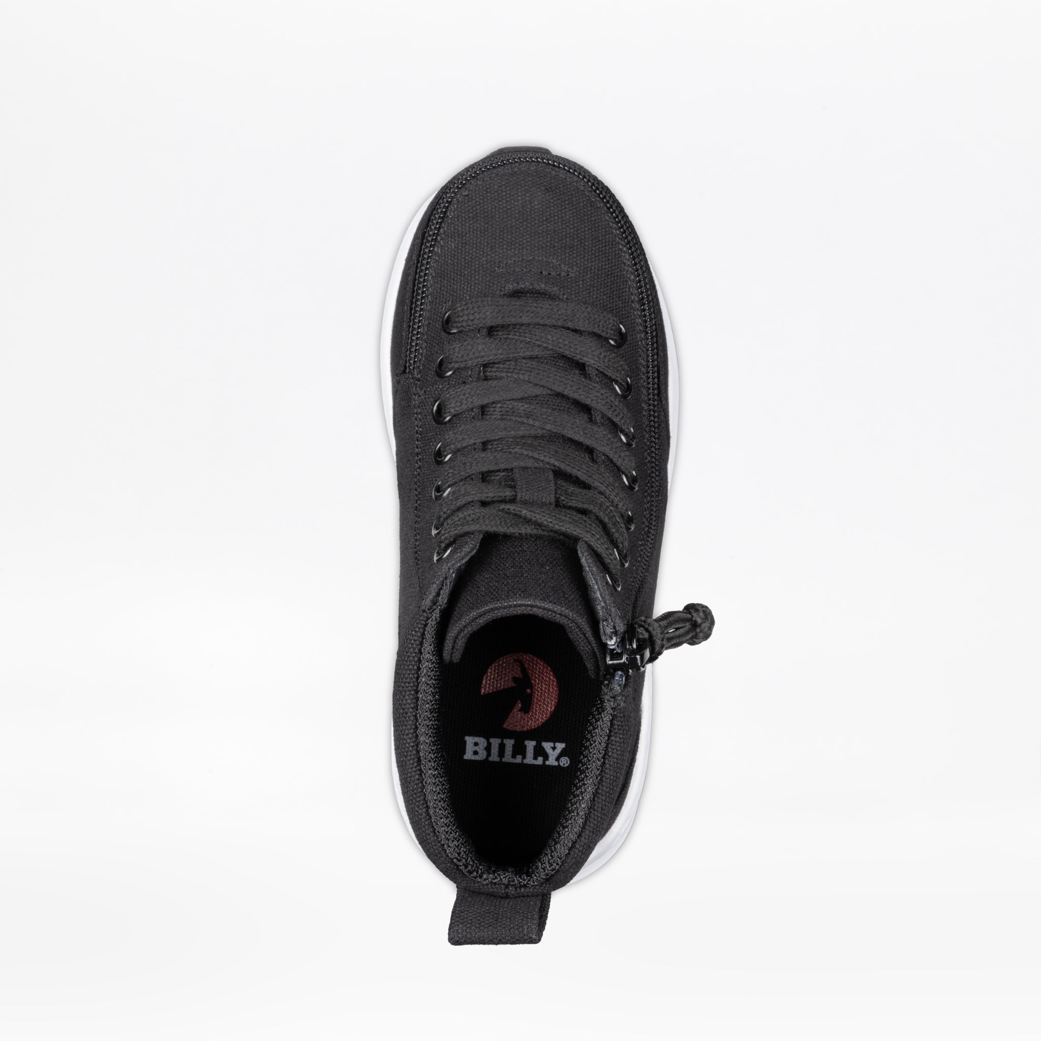 Top view of the Black BILLY Goat Classic High by BILLY Footwear, an AFO-friendly shoe with a partially open side zipper, black laces, white sole, and insole showing the BILLY brand name and red logo on a plain white background.