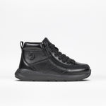 The Black Leather BILLY Goat Classic High by BILLY Footwear, an AFO-friendly black leather high-top with a side zipper, black laces, and a black rubber sole, appears in profile on a plain white background.