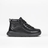 The Black Leather BILLY Goat Classic High by BILLY Footwear, an AFO-friendly black leather high-top with a side zipper, black laces, and a black rubber sole, appears in profile on a plain white background.