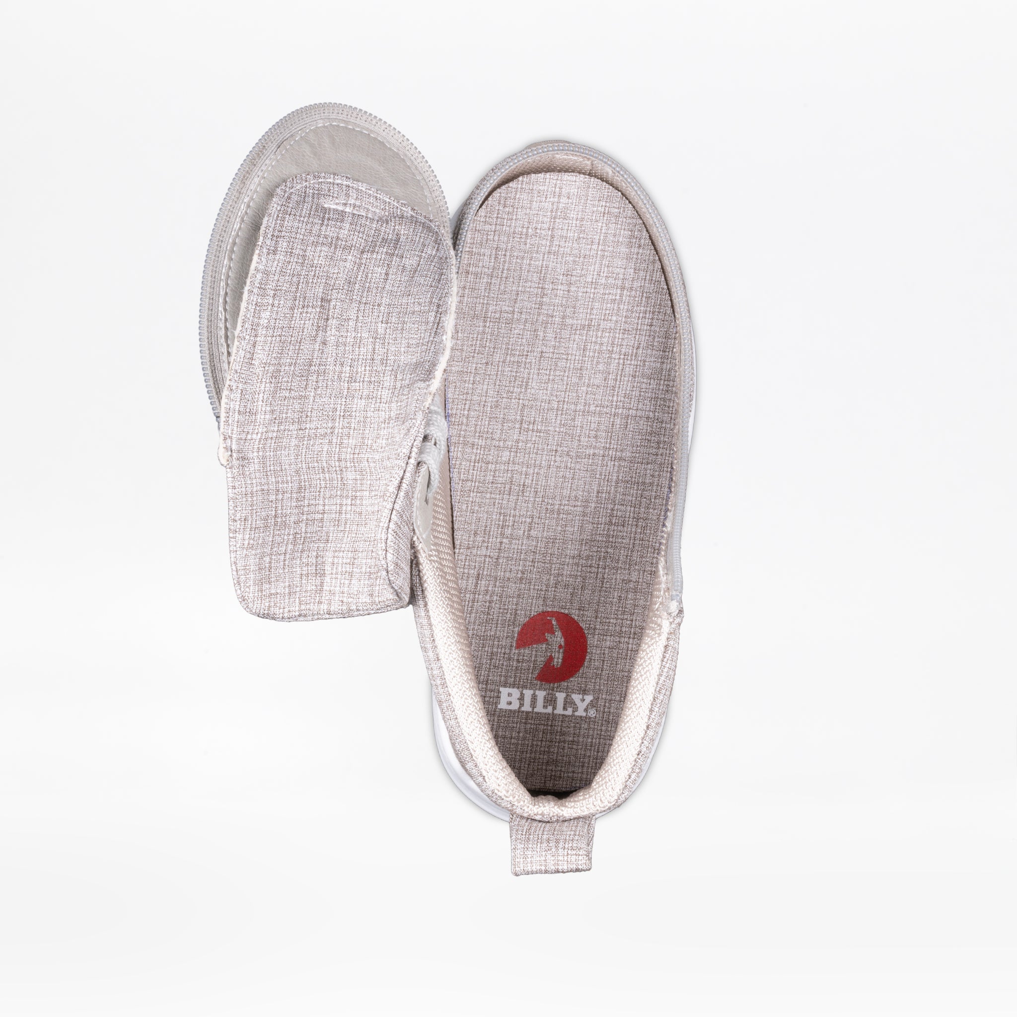 A single Grey Jersey BILLY Goat Classic High shoe by BILLY Footwear, AFO-friendly with a partially open zipper revealing the interior and red BILLY logo on the insole, is shown against a white background.