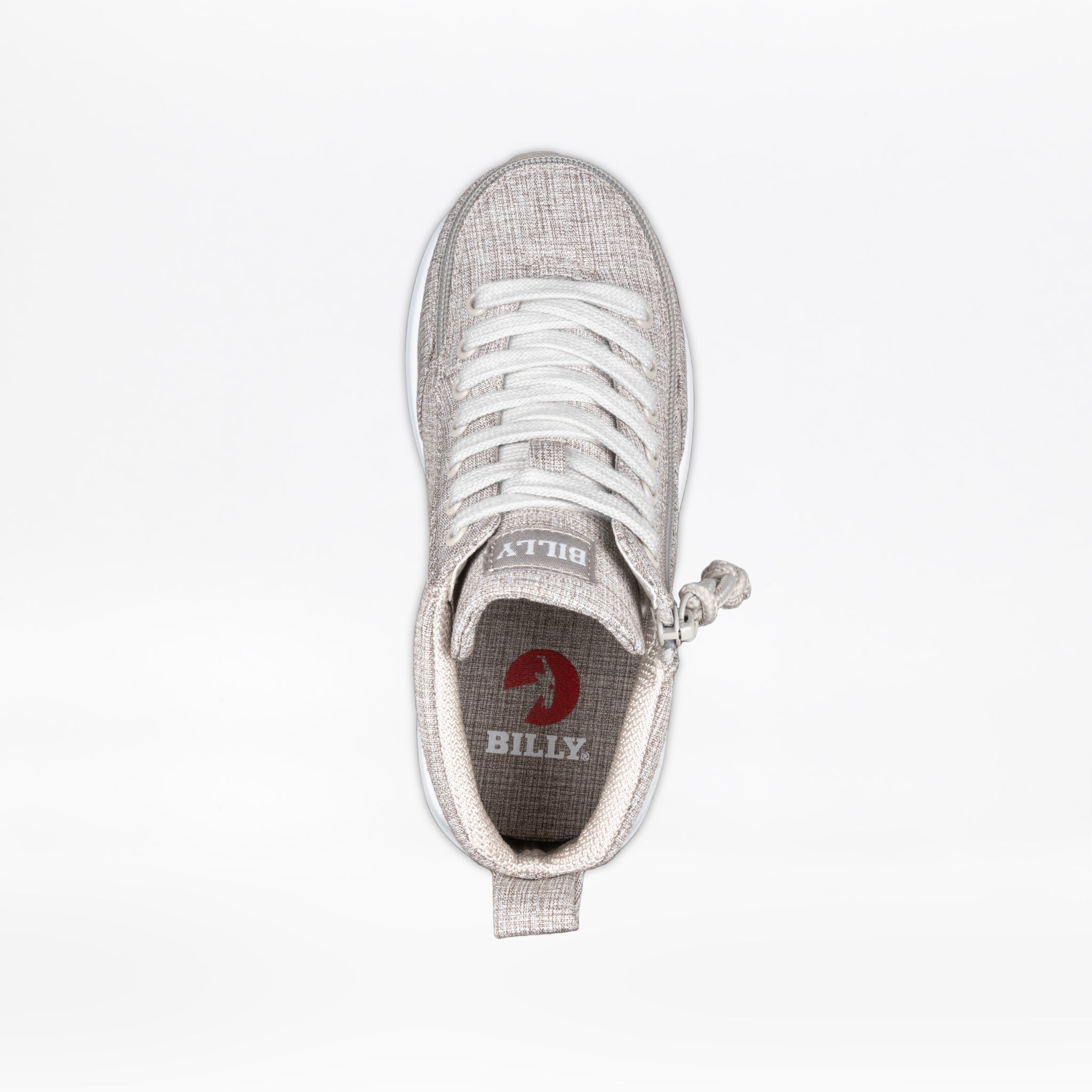 Top view of the Grey Jersey BILLY Goat Classic High by BILLY Footwear—an AFO-friendly, light gray shoe with white laces, a side zipper, and BILLY branding on the insole. The background is plain white.