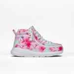 The Pink Watercolor BILLY Goat Classic High by BILLY Footwear is a high-top sneaker with a pink, white, and light blue tie-dye pattern, white sole and laces, and a side zipper, shown on a plain white background.