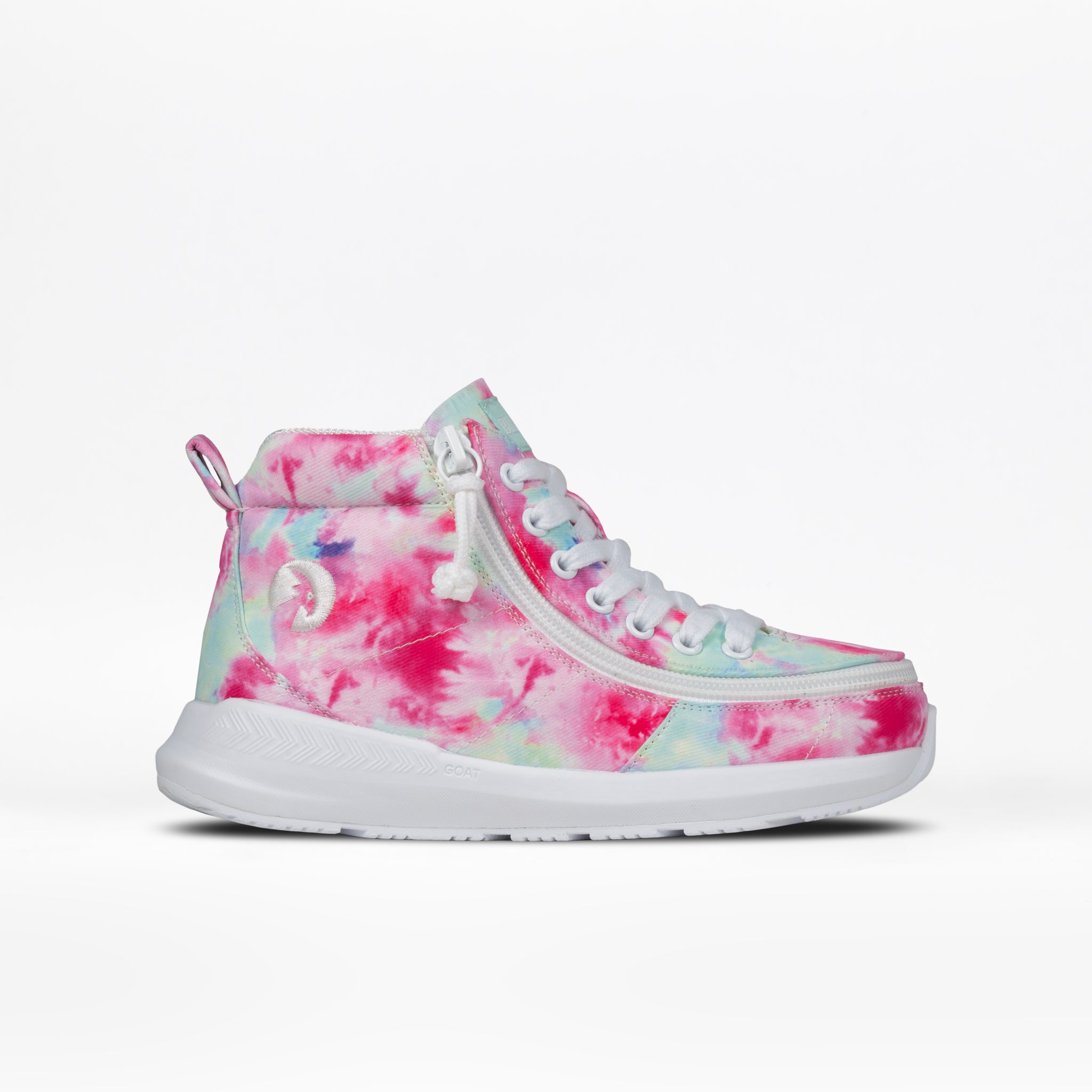The Pink Watercolor BILLY Goat Classic High by BILLY Footwear is a high-top sneaker with a pink, white, and light blue tie-dye pattern, white sole and laces, and a side zipper, shown on a plain white background.