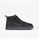 The BILLY Footwear Kids'/Toddler CS High sneaker in black features a side zipper, black laces, and a textured sole for an adjustable fit. Shown in profile on a plain white background.