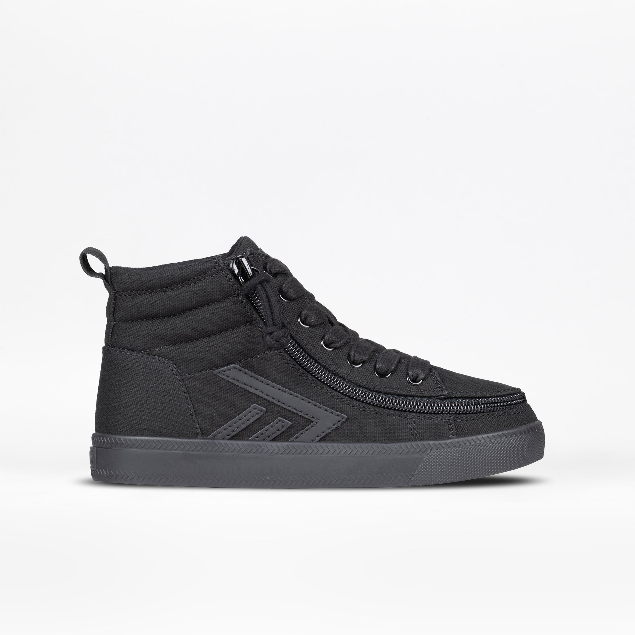 The BILLY Footwear Kids'/Toddler CS High sneaker in black features a side zipper, black laces, and a textured sole for an adjustable fit. Shown in profile on a plain white background.