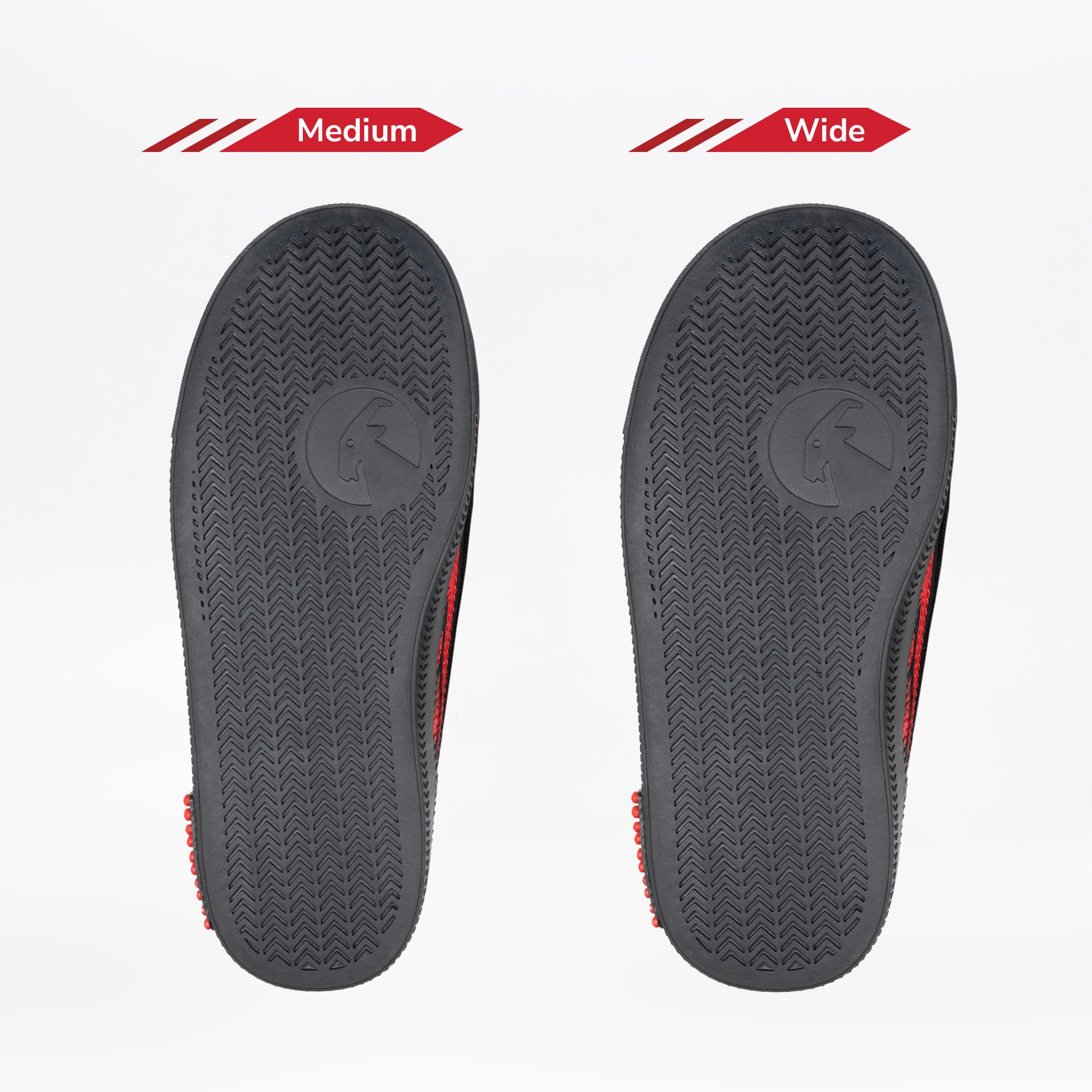 Two black shoe soles from the SALE - Kodify Black BILLY CS High by BILLY Footwear are shown side by side on a white background. The left is labeled Medium and the right is labeled Wide, highlighting different width options.