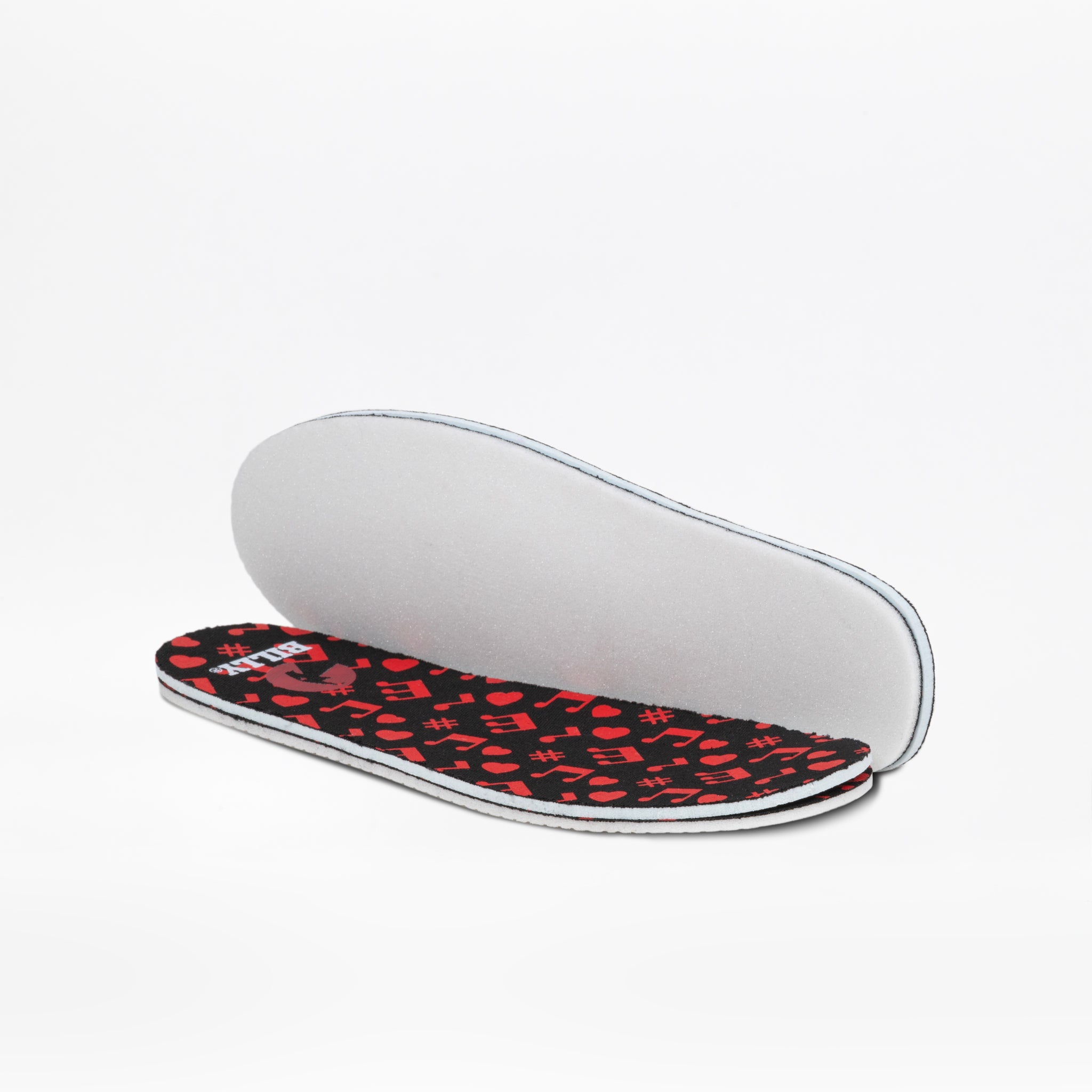 A pair of insoles—one with a white underside and one black with a red animal print—are displayed on a white background, designed for kids’ accessible sneakers like the SALE - Kodify Black BILLY CS High by BILLY Footwear.