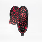 Top view of SALE - Kodify Black BILLY CS High by BILLY Footwear: black high tops with red music notes, hearts, and hashtag symbols. The left wraparound zipper is partly open, revealing the pattern and "BILLY" logo inside the right shoe.