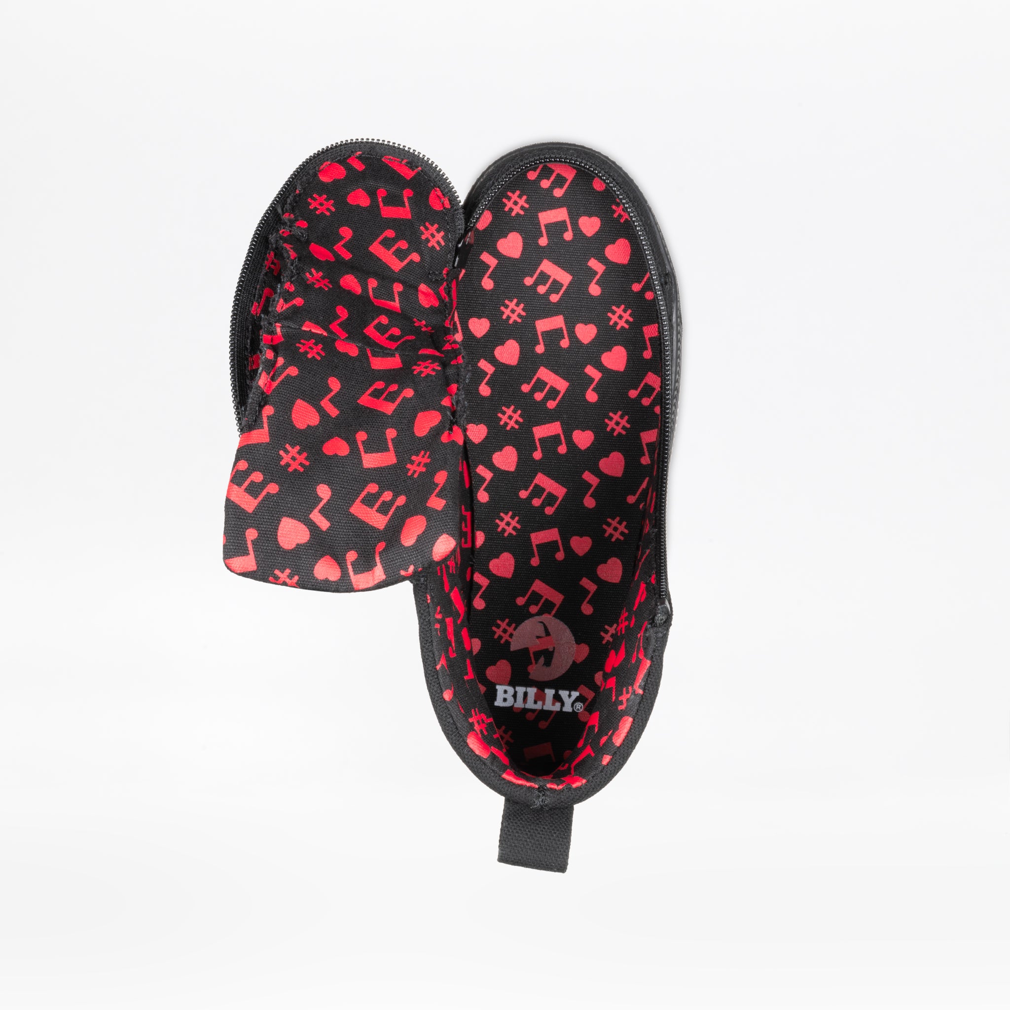 Top view of SALE - Kodify Black BILLY CS High by BILLY Footwear: black high tops with red music notes, hearts, and hashtag symbols. The left wraparound zipper is partly open, revealing the pattern and "BILLY" logo inside the right shoe.