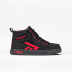 The SALE - Kodify Black BILLY CS High by BILLY Footwear is a black high top sneaker with red accents, red laces, a wraparound side zipper, and red text on a flat black sole. The shoe is shown against a plain white background.