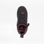Top view of the SALE - Kodify Black BILLY CS High by BILLY Footwear: black laces, red eyelets, wraparound zipper, and an insole with "BILLY." Red music notes and symbols line the inside—stylish, accessible kids' sneakers.