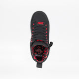 Top view of the SALE - Kodify Black BILLY CS High by BILLY Footwear: black laces, red eyelets, wraparound zipper, and an insole with "BILLY." Red music notes and symbols line the inside—stylish, accessible kids' sneakers.