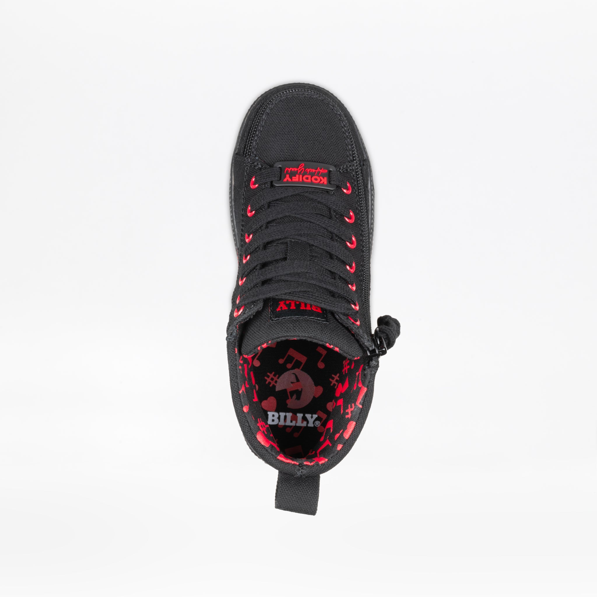 Top view of the SALE - Kodify Black BILLY CS High by BILLY Footwear: black laces, red eyelets, wraparound zipper, and an insole with "BILLY." Red music notes and symbols line the inside—stylish, accessible kids' sneakers.