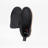 The Black/Gum BILLY CS High by BILLY Footwear is a kids’ high top sneaker with a tan sole, shown from above. Its upper has a full wrap zipper, unzipped and folded open to reveal an insole featuring the white and red BILLY logo.
