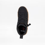 The Black/Gum BILLY CS High by BILLY Footwear is a kids’ high top sneaker with black laces, a side wrap zipper, and a brown sole. The insole features the BILLY logo in white and red on a white background.