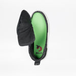 A single Wicked Black Glitz BILLY CS High from BILLY Footwear, featuring a Full Wrap Zipper, is open at the top to show a bright green insole with "BILLY" and red logo, photographed overhead on a white background.