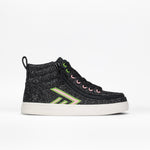 The Wicked Black Glitz BILLY CS High by BILLY Footwear are kids’ high top sneakers with black glitter, white soles, green and pink accent stitching, and matching eyelets, shown in side profile on a white background.