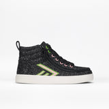 The Wicked Black Glitz BILLY CS High by BILLY Footwear are kids’ high top sneakers with black glitter, white soles, green and pink accent stitching, and matching eyelets, shown in side profile on a white background.