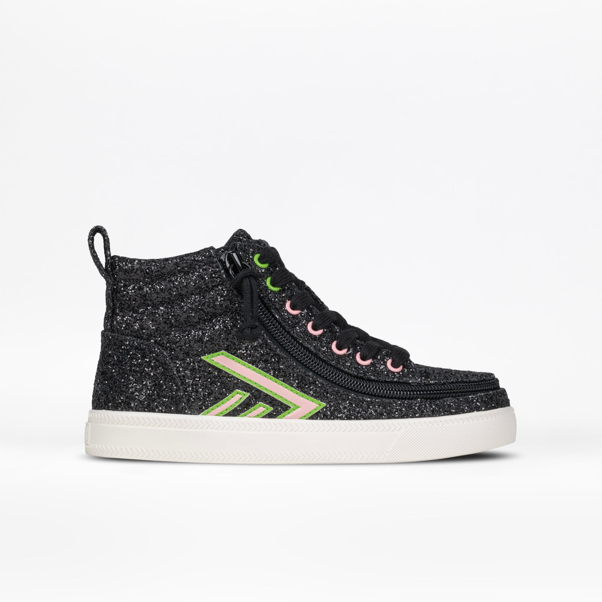 The Wicked Black Glitz BILLY CS High by BILLY Footwear are kids’ high top sneakers with black glitter, white soles, green and pink accent stitching, and matching eyelets, shown in side profile on a white background.