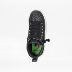 Top view of the Wicked Black Glitz BILLY CS High kids sneaker by BILLY Footwear, featuring black laces, pink and green eyelets, a green insole labeled "BILLY Full Wrap Zipper," on a plain white background.