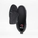 A Black Glitz BILLY CS High sneaker by BILLY Footwear, seen from above with its full wrap zipper open to showcase the interior and insole logo, highlights the easy-access design inspired by high-top styling.