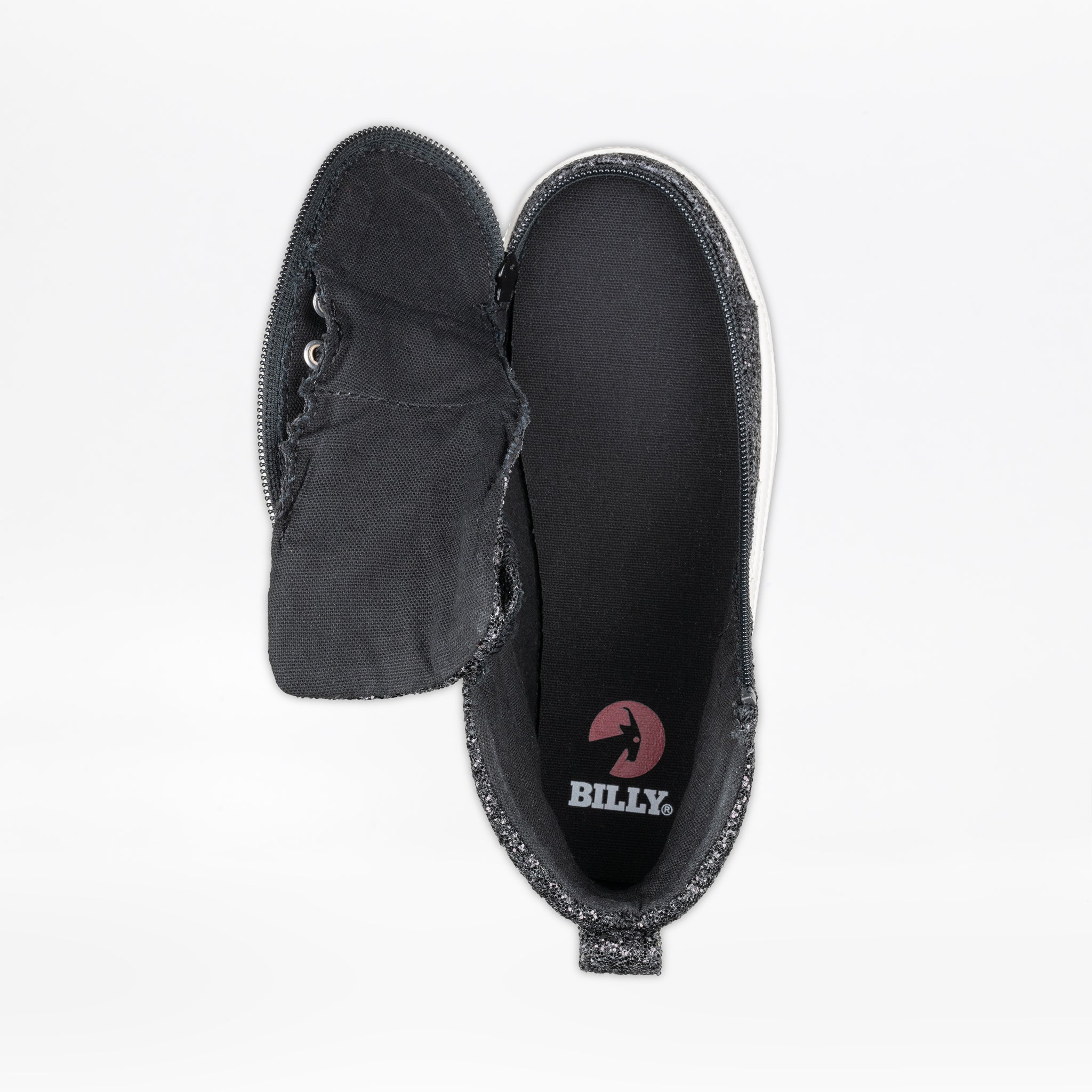 A Black Glitz BILLY CS High sneaker by BILLY Footwear, seen from above with its full wrap zipper open to showcase the interior and insole logo, highlights the easy-access design inspired by high-top styling.
