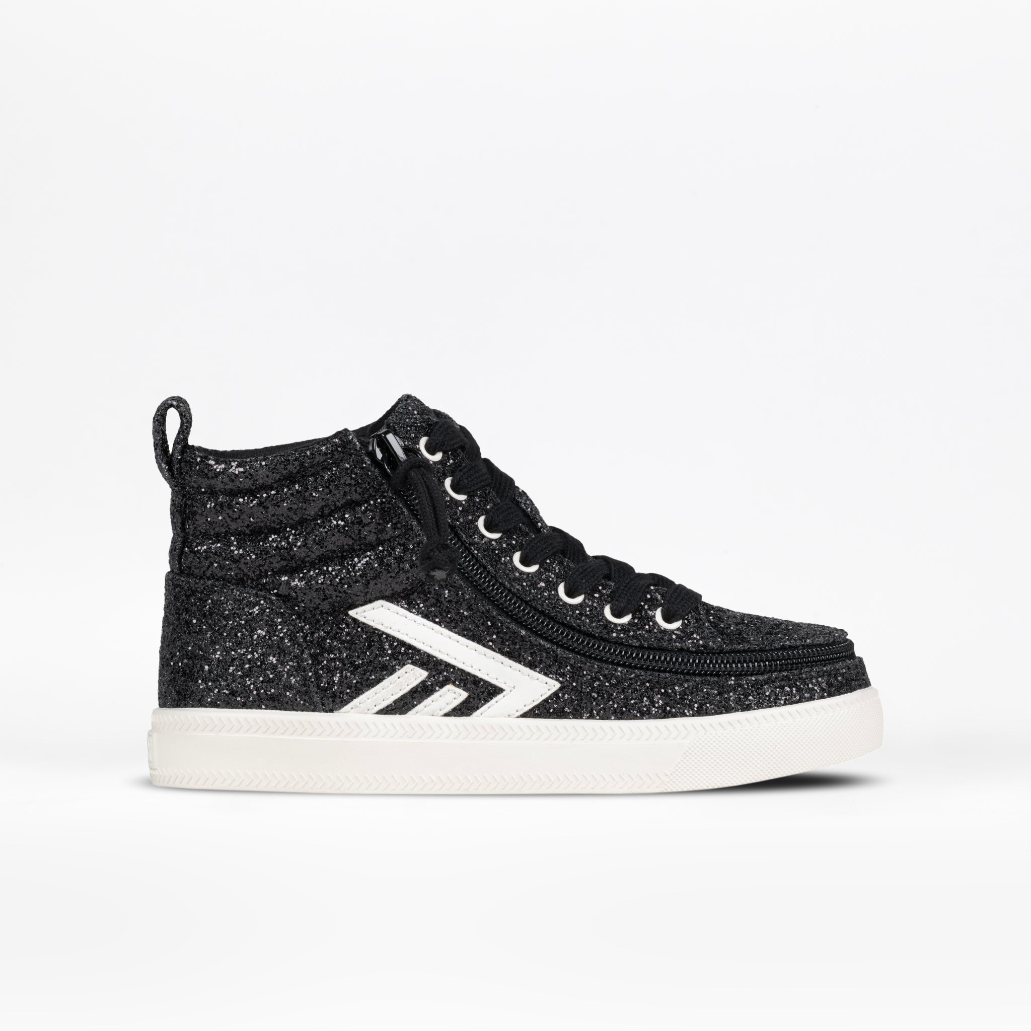 The BILLY Footwear Kids'/Toddler Glitz CS High in black features a glitter texture, white sole, black laces, and a white geometric side design. These high-top sneakers are shown against a plain white background.