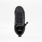 Top view of a single Black Glitz BILLY CS High kids high-top skate shoe by BILLY Footwear, featuring black laces, a full wrap zipper on the side, and "BILLY" visible on the insole against a white background.