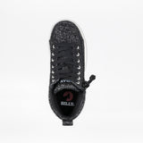 Top view of a single Black Glitz BILLY CS High kids high-top skate shoe by BILLY Footwear, featuring black laces, a full wrap zipper on the side, and "BILLY" visible on the insole against a white background.