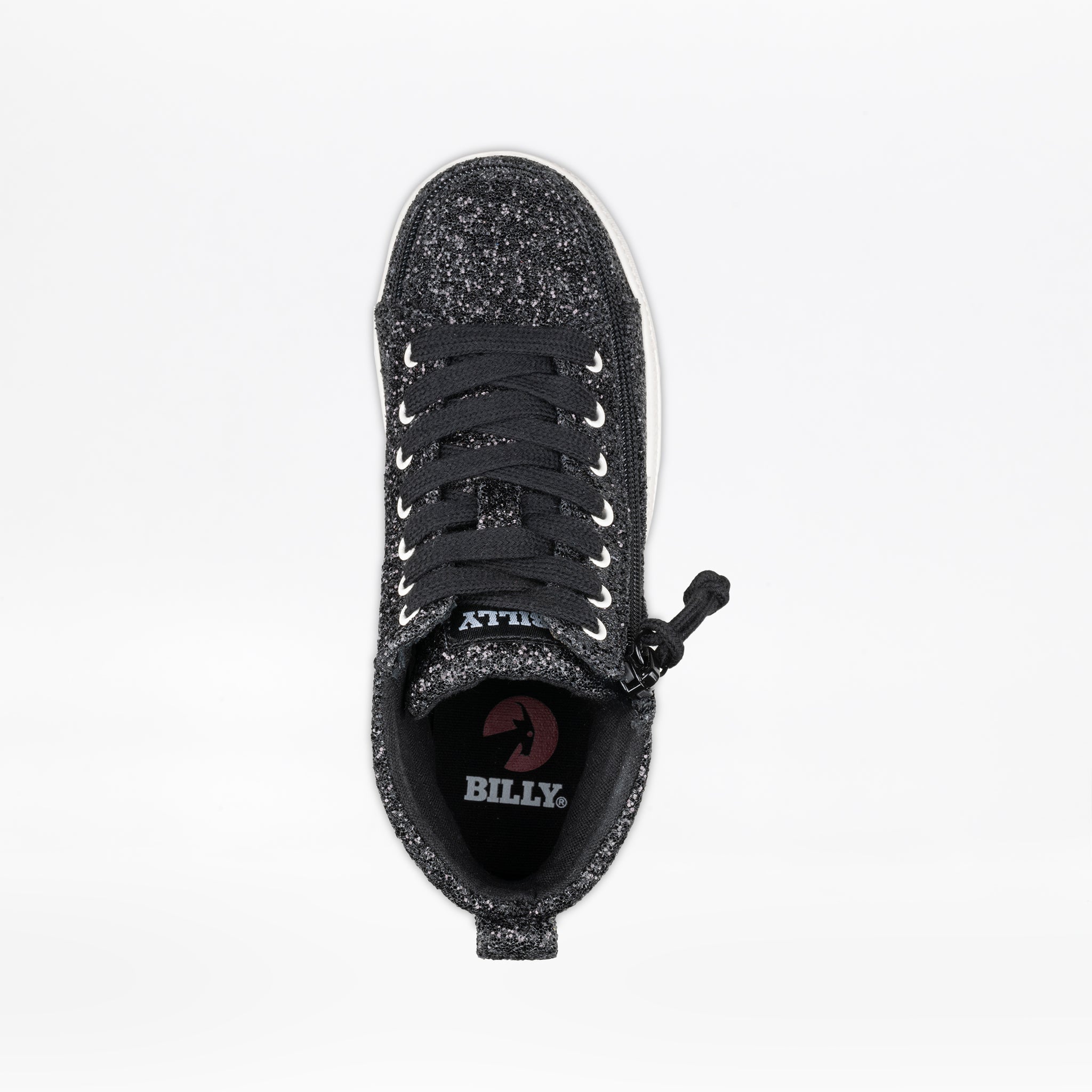 Top view of a single Black Glitz BILLY CS High kids high-top skate shoe by BILLY Footwear, featuring black laces, a full wrap zipper on the side, and "BILLY" visible on the insole against a white background.
